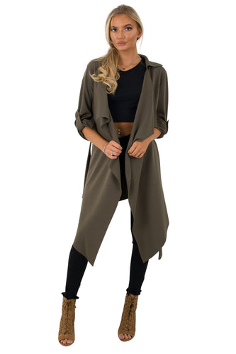 Amelia khaki waterfall duster belted jacket