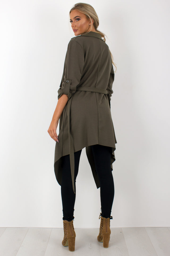 Amelia khaki waterfall duster belted jacket