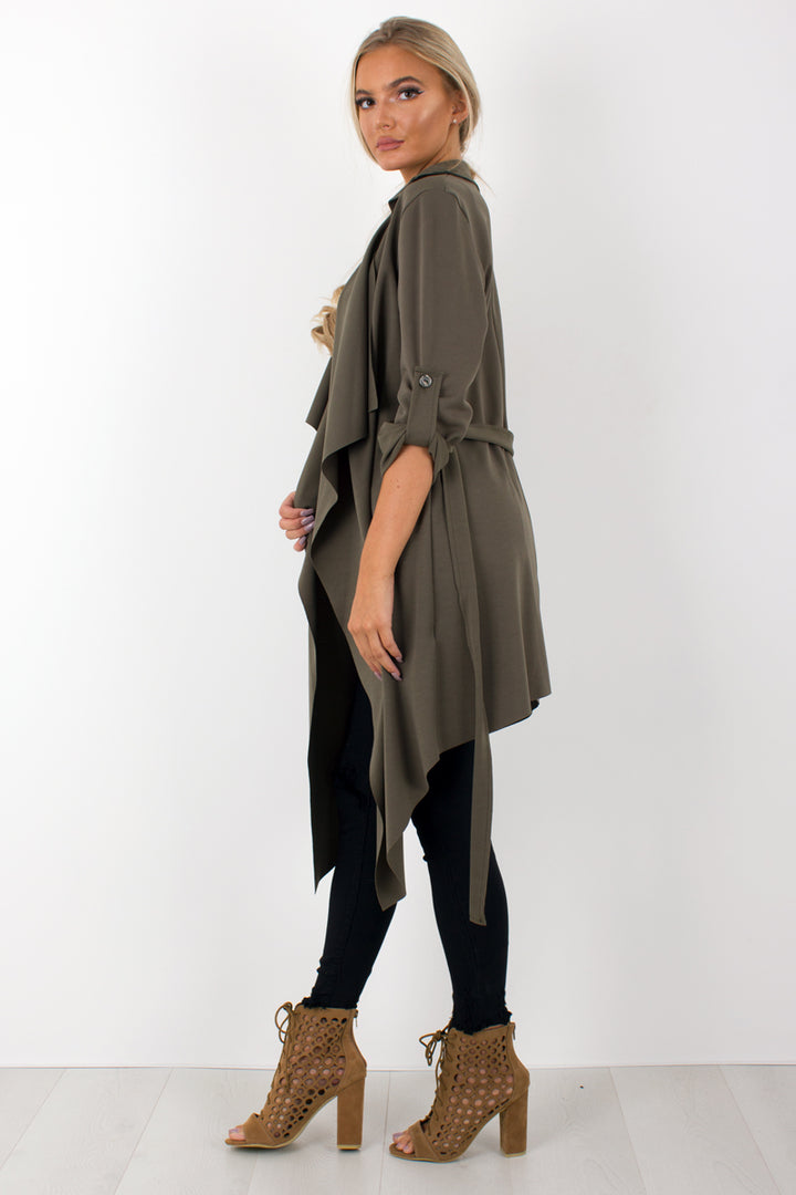 Amelia khaki waterfall duster belted jacket