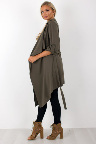 Amelia khaki waterfall duster belted jacket