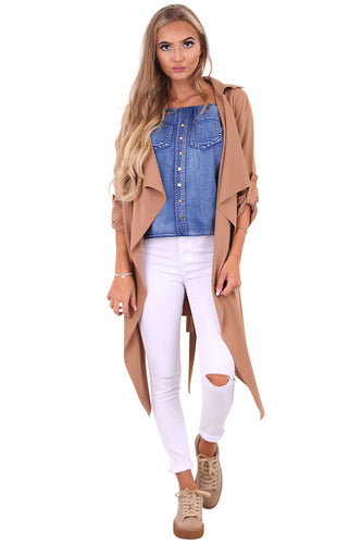 Amelia camel waterfall duster belted jacket