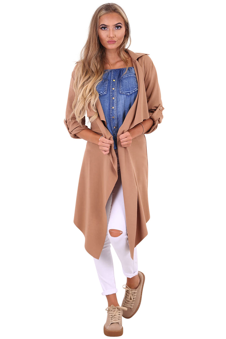 Amelia camel waterfall duster belted jacket