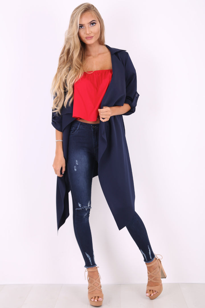 Amelia navy waterfall duster belted jacket