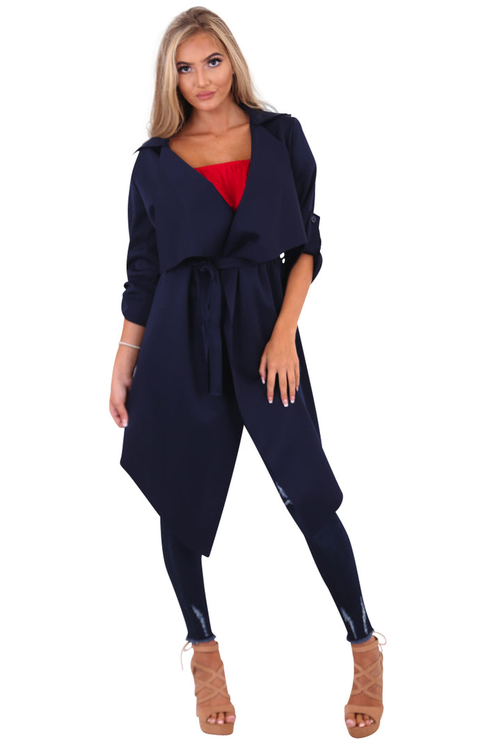 Amelia navy waterfall duster belted jacket