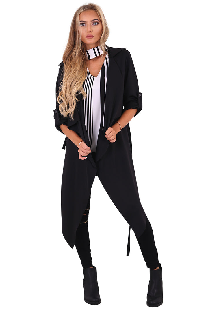 Amelia black waterfall duster belted jacket