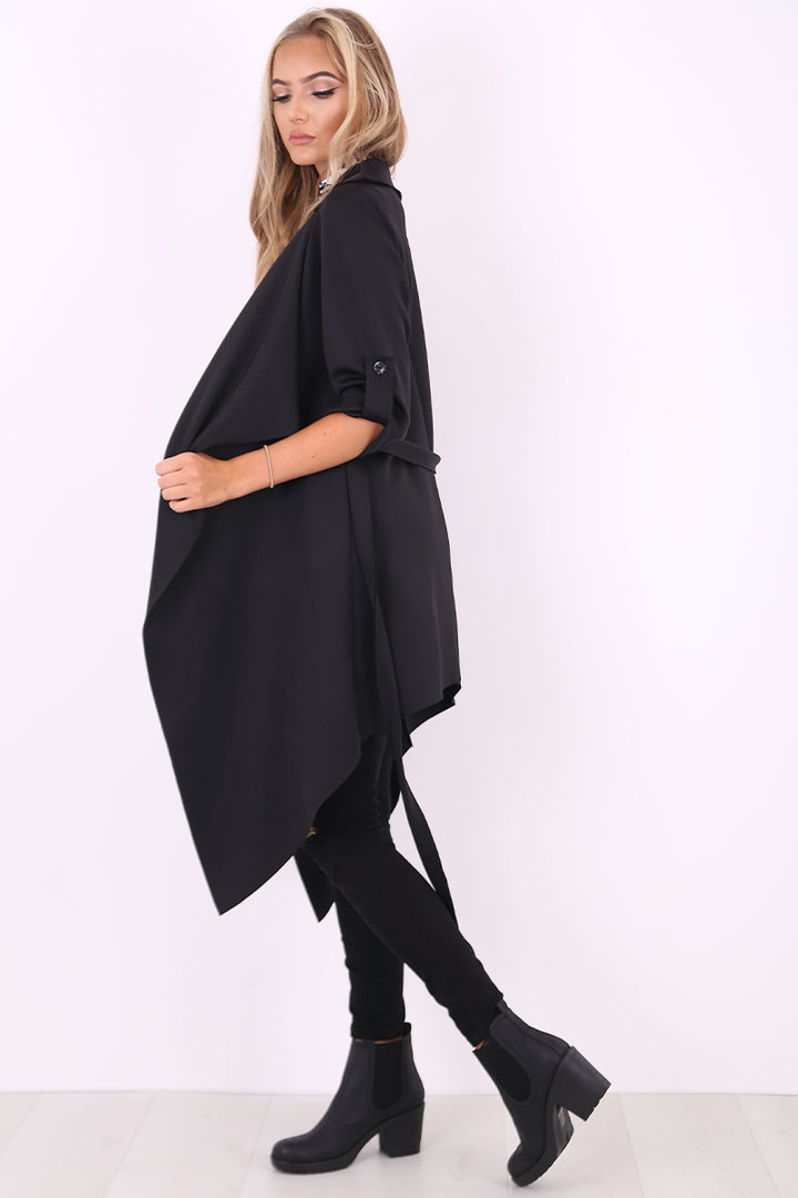 Amelia black waterfall duster belted jacket