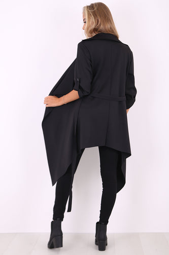 Amelia black waterfall duster belted jacket