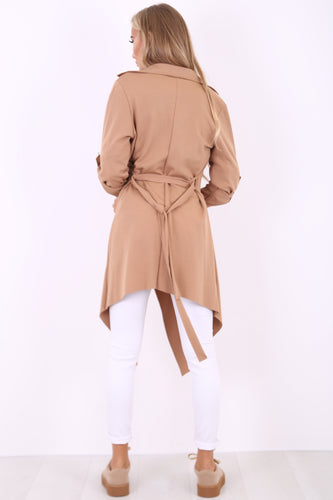 Amelia camel waterfall duster belted jacket