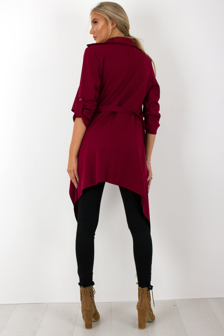 Amelia wine waterfall duster belted jacket