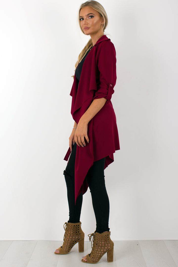 Amelia wine waterfall duster belted jacket