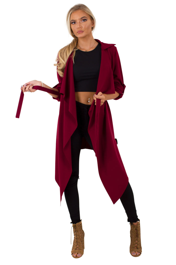 Amelia wine waterfall duster belted jacket