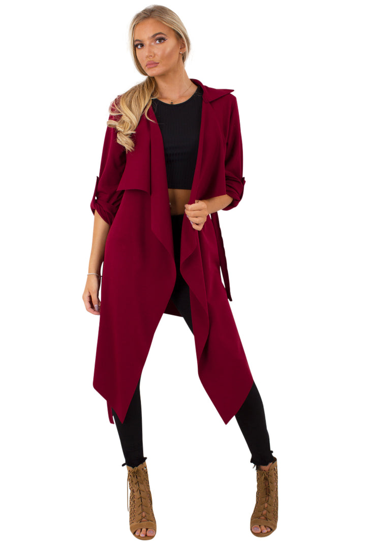 Amelia wine waterfall duster belted jacket