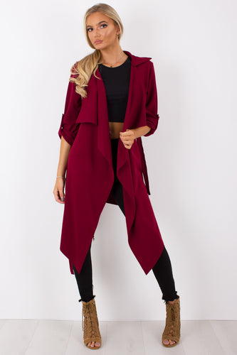 Amelia wine waterfall duster belted jacket