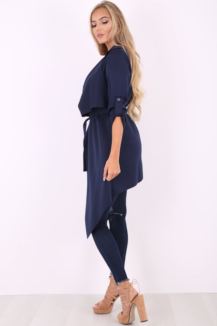 Amelia navy waterfall duster belted jacket