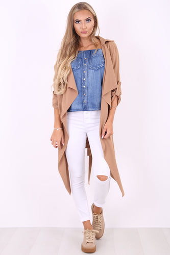 Amelia camel waterfall duster belted jacket