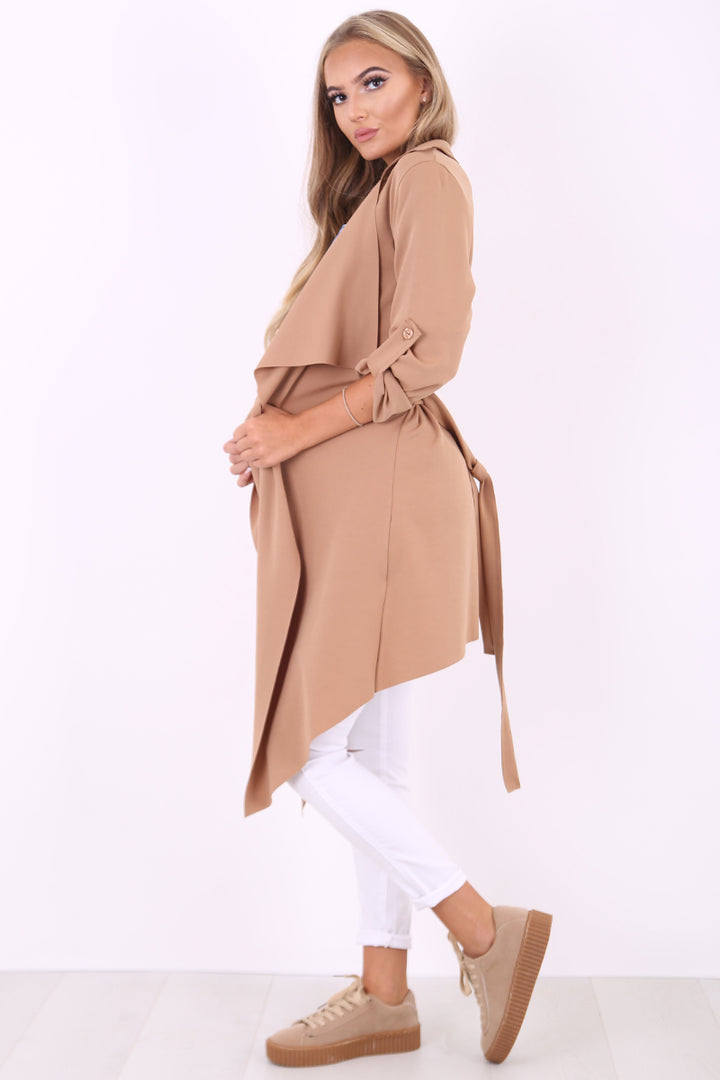 Amelia camel waterfall duster belted jacket